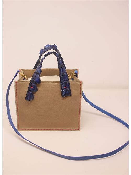 Canvas bag with blue crocodile handles Laboratorio Capri | GRETABABYCAMELCOBALT